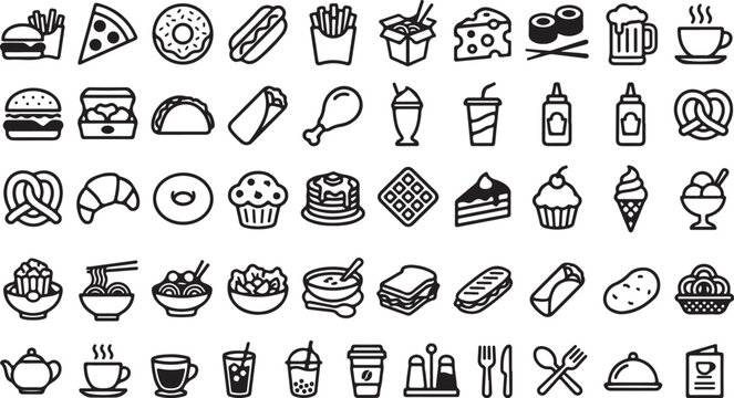 Collection of hand drawn food and drink icons for restaurant menu and cafe design