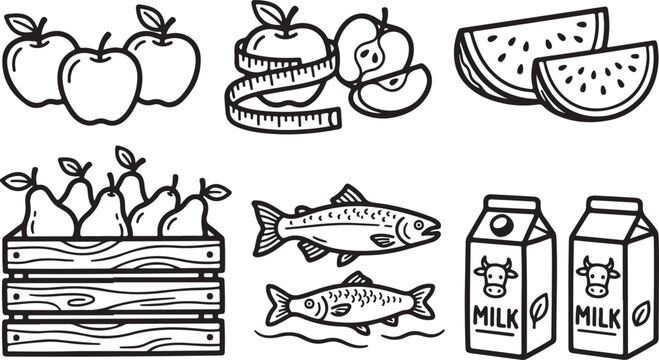 Set of healthy food icons including fruits watermelon fish and milk cartoons in doodle style