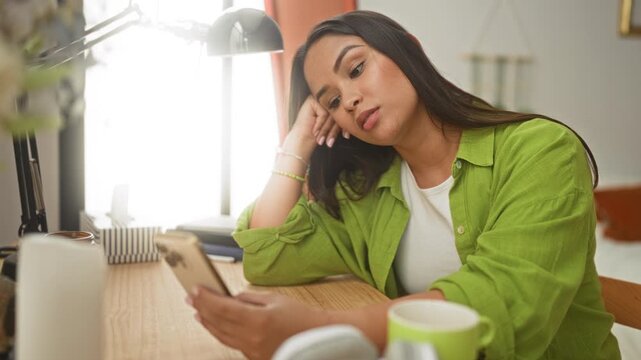 Young latina woman in green shirt rests head on hand while scrolling smartphone at a wooden desk in building; boredom distraction.