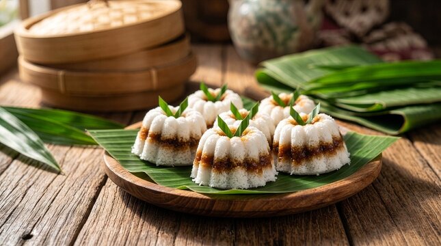Indonesian awug beras steamed rice flour cake with palm sugar on banana leaf
