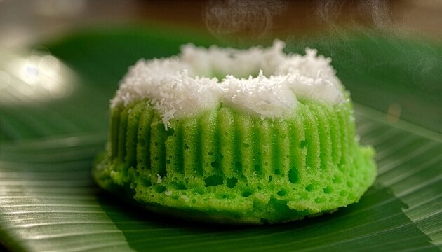 Steaming hot Indonesian putu ayu pandan cake topped with grated coconut on banana leaf