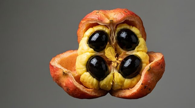Fresh ripe ackee fruit split open showing yellow fleshy arils and black seeds