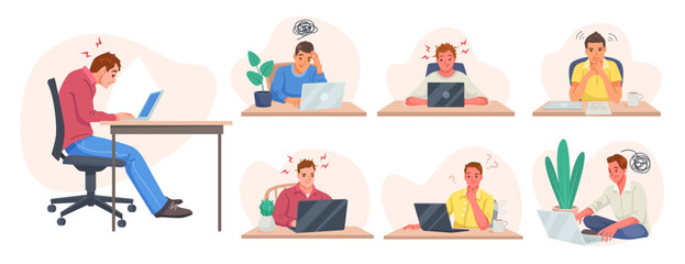 Fototapeta premium Men at laptops showing stress in flat cartoon style on light backgrounds expressing pressure concept. Vector illustration