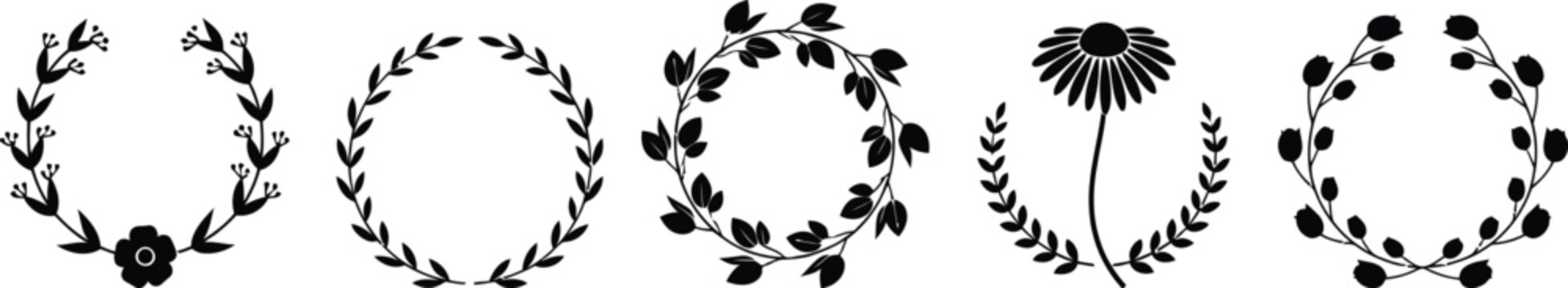 Five silhouette floral wreaths and a daisy frame border