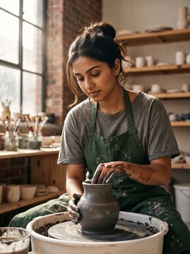 Young south asian woman shaping clay pot on wheel in pottery studio