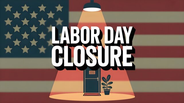 American flag background illustration with labor day closure text and lamp on mailbox