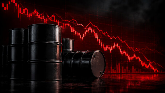 Black Oil Barrels Standing Before Declining Red Stock Market Price Graph Illustrating Major Economic Crisis and Sharp Drop in Global Fuel Prices and Energy Industry Market Value