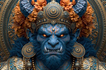 Obraz premium Fierce Blue Demon King With Sharp Teeth and Glowing Eyes Wearing Ornate Gold Crown and Jewelry Stands With Orange Flowers