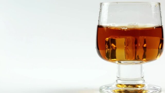 Ice cubes are dropped into a glass of cognac on a white background