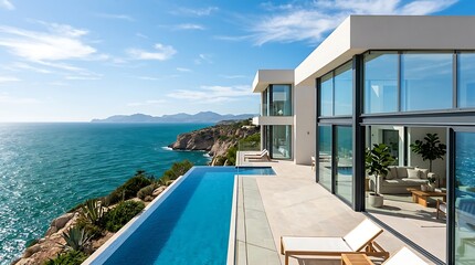 Fototapeta premium Modern luxury villa with ocean view and infinity pool on rocky cliffside overlooking sea