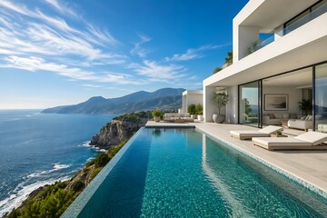 Fototapeta premium Modern white cliffside villa with infinity pool overlooking ocean and mountains