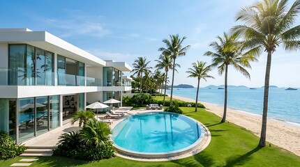 Fototapeta premium Modern white beachfront villa with swimming pool and palm trees on tropical coast