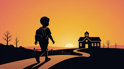 Fototapeta premium Silhouette Illustration of Young Student with Backpack Walking Along Winding Path Toward School Building Under Beautiful Vibrant Golden Sunset Sky Concept