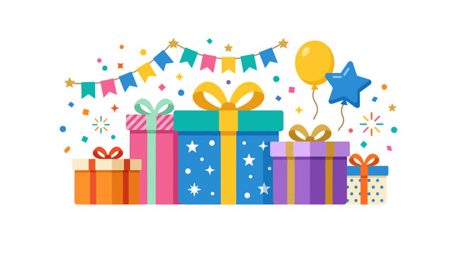 Colorful pile of Christmas gift boxes with party decorations.