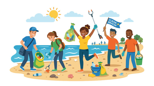 Group of volunteers cleaning plastic waste from a beach shore.