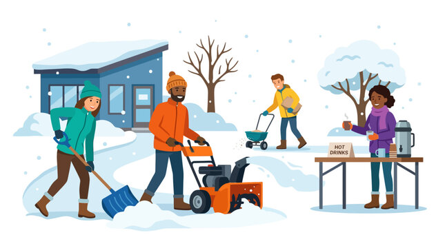 Neighbors clearing snow from driveway on a winter morning.