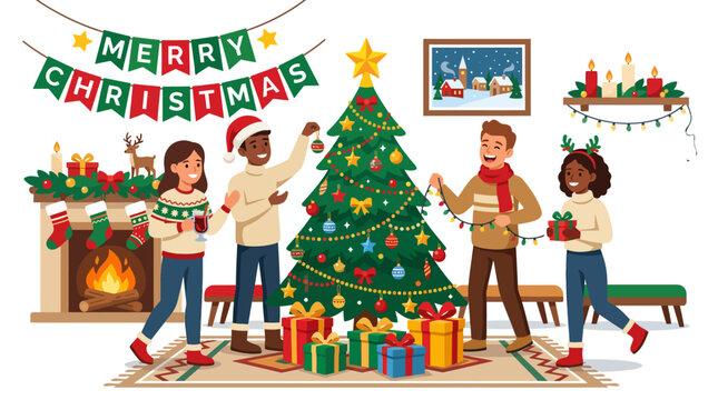 Family and friends decorating a Christmas tree together.