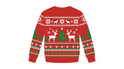 Festive red Christmas sweater with reindeer and tree patterns. © filterJU