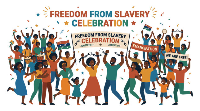 Diverse crowd celebrating freedom from slavery.