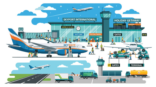 Busy international airport terminal with airplanes and passengers