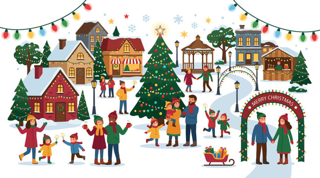 Festive Christmas village scene with people and decorated market.
