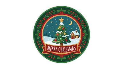Festive Merry Christmas circular badge with decorated tree. © filterJU