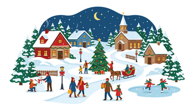 Winter village scene with Christmas decorations and snowy landscape