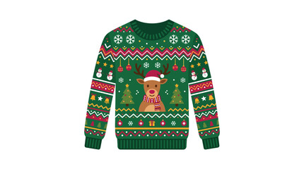 Green knitted Christmas sweater with reindeer and tree patterns. © filterJU