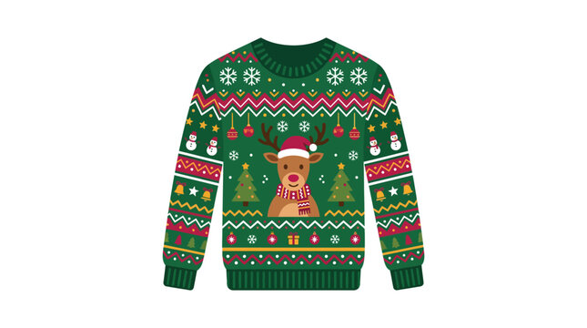 Green knitted Christmas sweater with reindeer and tree patterns.