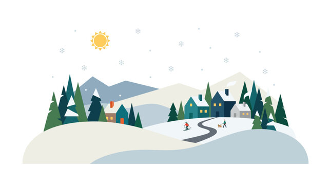 Peaceful winter village landscape with snowy mountains.