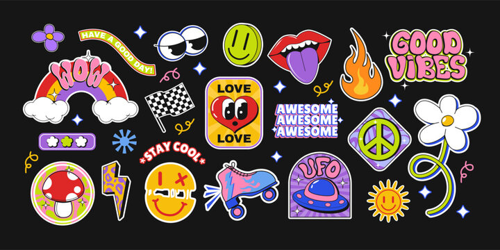 Bright playful sticker set with retro cartoon style on dark backdrop, expressing fun positive vibes. Vector illustration