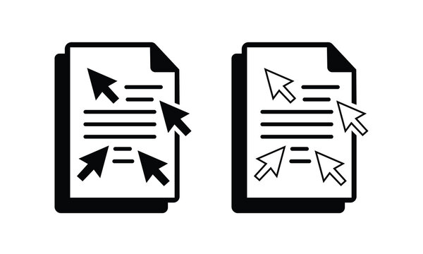 Digital document selection icon vector set with mouse cursor arrow and paper silhouette isolated on white background