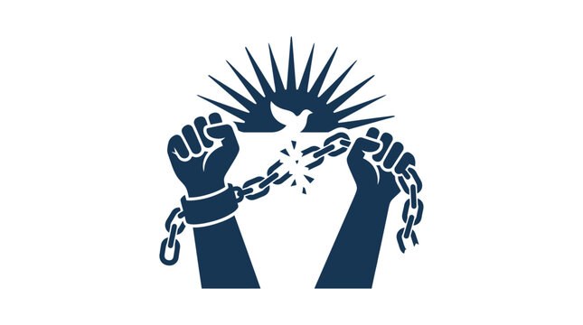 Hands breaking chains under a radiant light symbol.