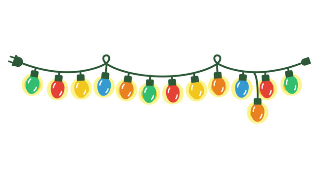 Colorful string of glowing Christmas light bulbs on wire.