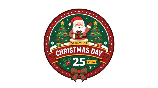 Circular Christmas Day December 25th badge with Santa Claus.