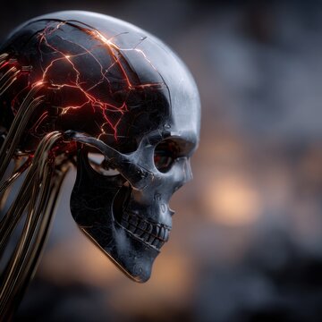 Futuristic dark metallic humanoid skull with glowing red circuitry and wired connections in a sci-fi conceptual digital art background