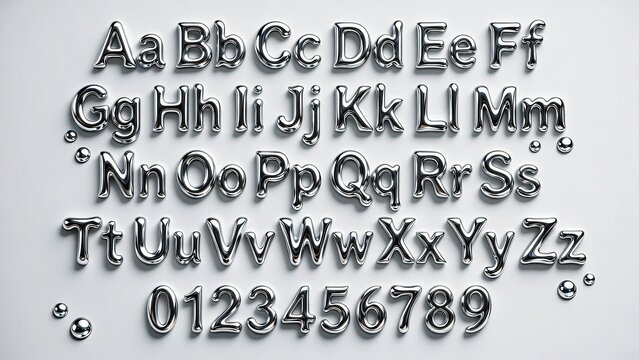 liquid mercury alphabet set with melting chrome letters and numbers
