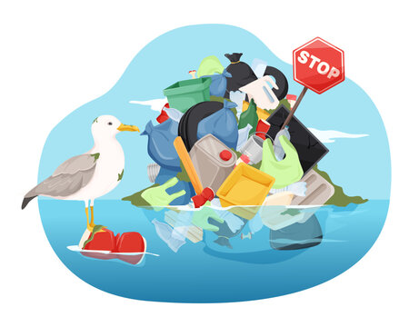 Trash floating in ocean with seabird in clean graphic style on blue water background showing pollution concept. Vector illustration