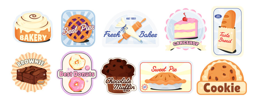 Colorful bakery sticker set with cartoon style treats on a white background, expressing pastry theme. Vector illustration