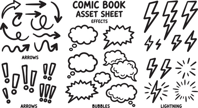 Set of hand drawn comic book effect elements with arrows speech bubbles and lightning shapes