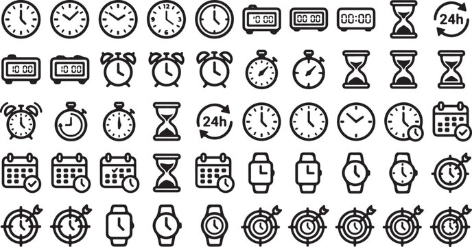 Set of black and white time and date icons including clocks watches calendars and hour glasses
