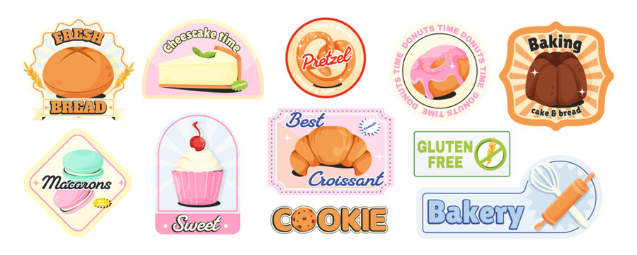 Colorful bakery pastry sticker set in bright cartoon style on white background, concept of sweet food. Vector illustration