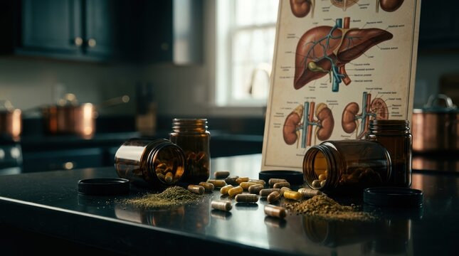Open supplement jars, scattered capsules, and powdered herbs on a kitchen counter beside a detailed liver and kidney anatomical illustration, emphasizing potential toxicity and overuse risk.
