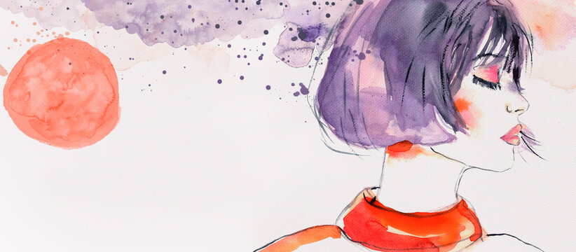 Celestial Fashion Watercolor with Violet-Haired Muse, Coral Sun and Expressive Sky, Hand Painted Watercolor