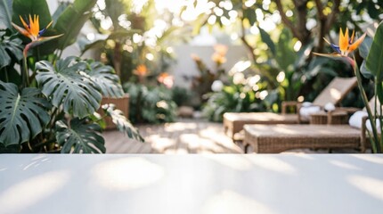 Fototapeta premium Tropical Garden with Monstera and Bird of Paradise Flowers for Relaxation Concept