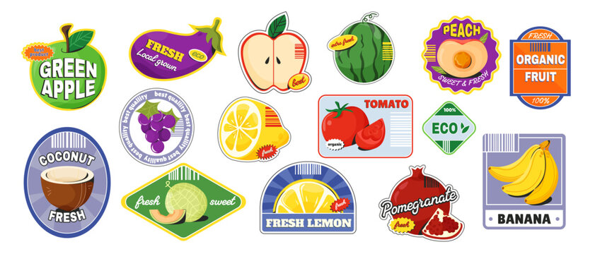 Various fruit sticker set shown in bright graphic style on white background, concept of fresh organic food. Vector illustration