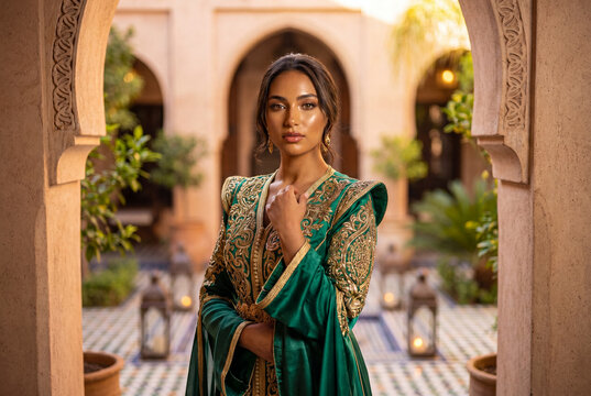 Elegant woman in a traditional green and gold embroidered Moroccan kaftan standing in a beautiful courtyard