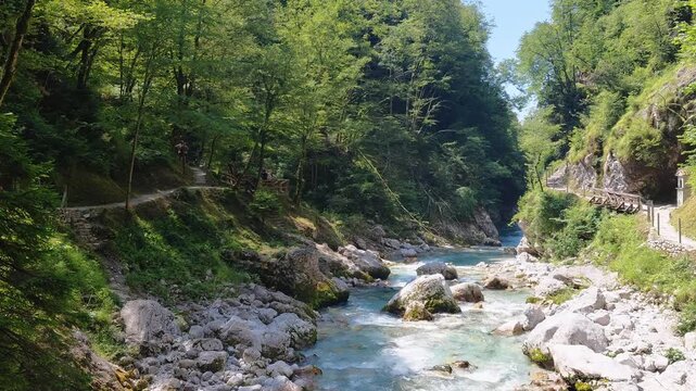 A wide, scenic landscape shot of the turquoise Tolminka River flowing over boulders in Tolmin Gorge, Slovenia, flanked by lush green forests and cliffside trails with hikers on a sunny summer day.