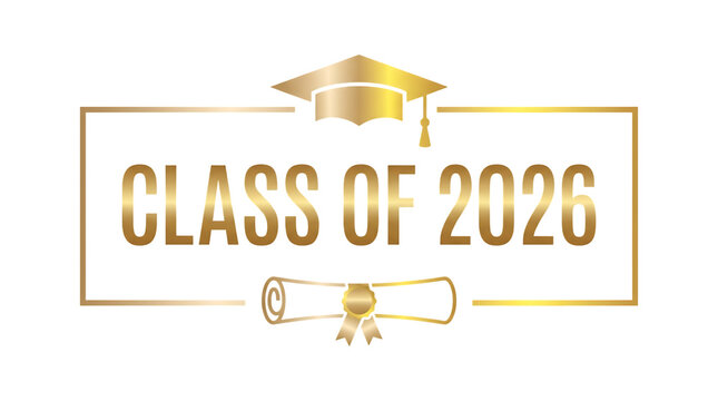 Class of 2026 gold text with graduation cap icon