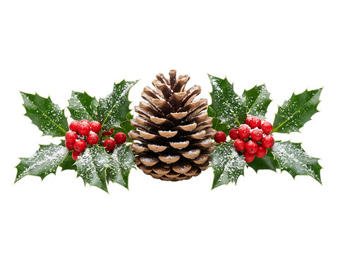 Christmas pine cone with holly leaves and red berries